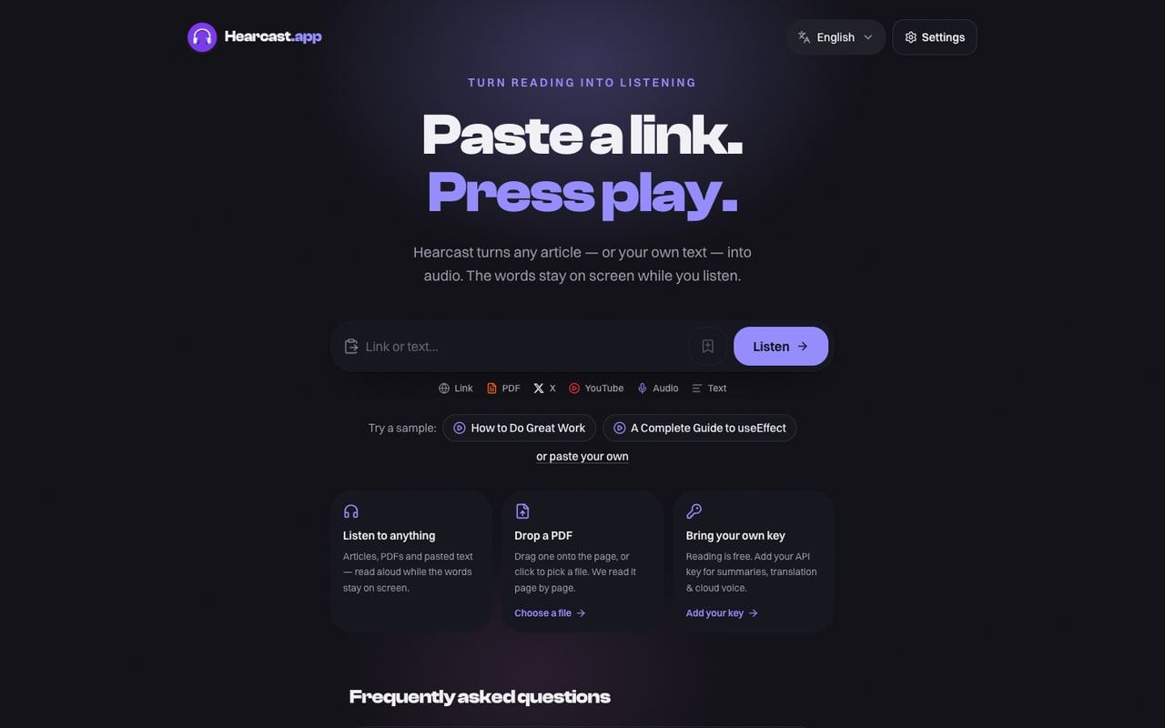 Hearcast - Coller un lien et lancer la lecture