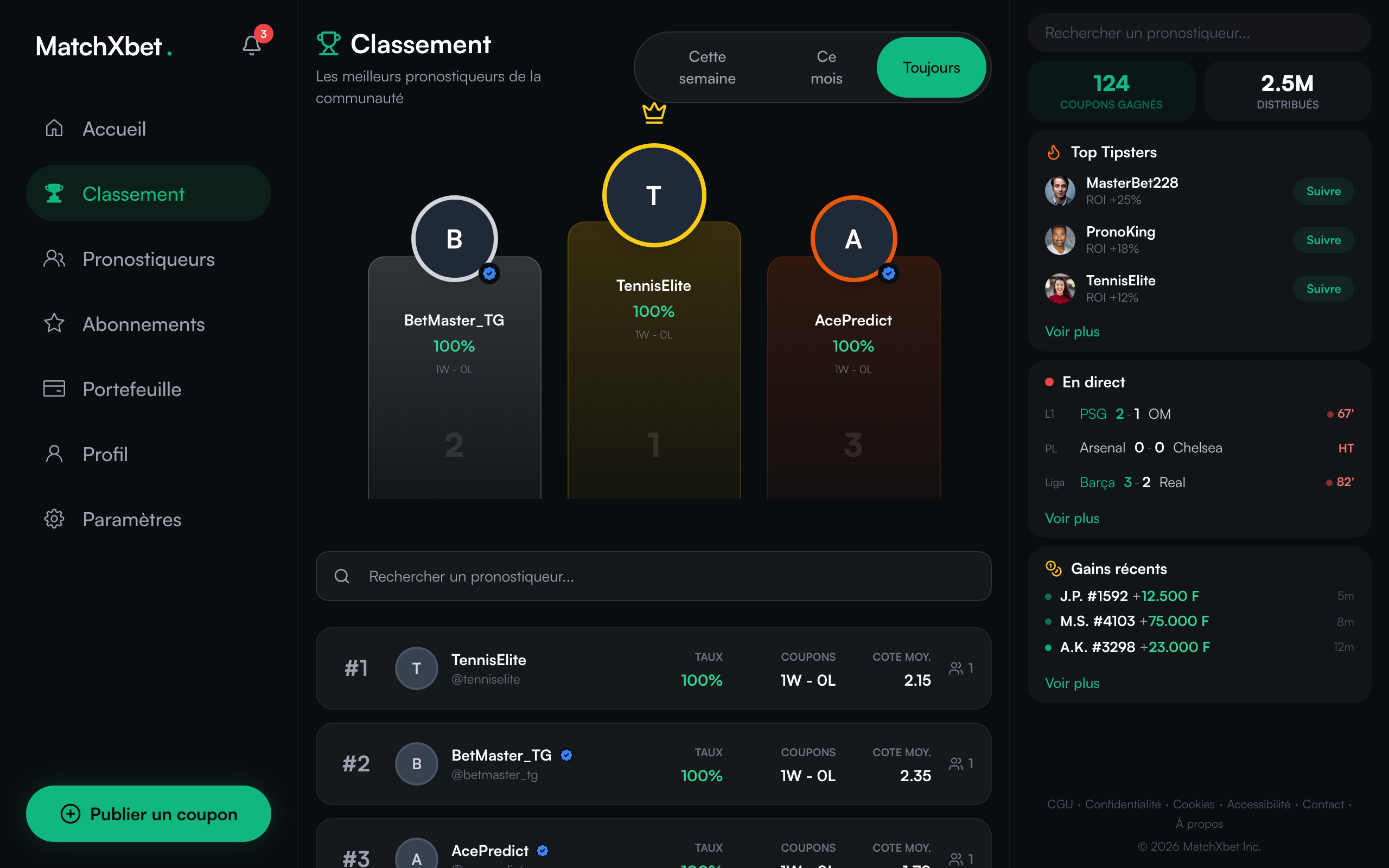 MatchXbet - Classement des pronostiqueurs