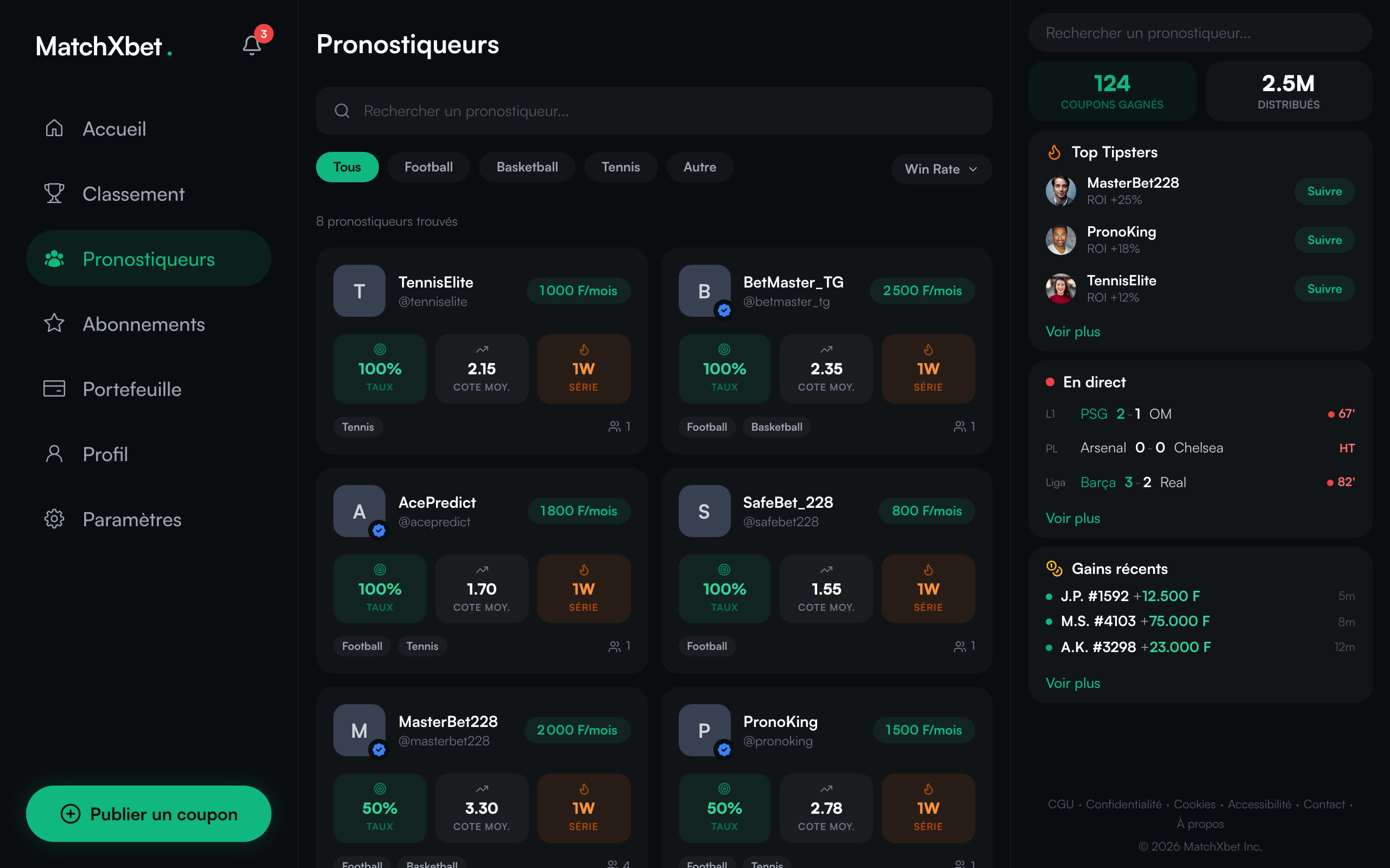 MatchXbet - Liste des pronostiqueurs