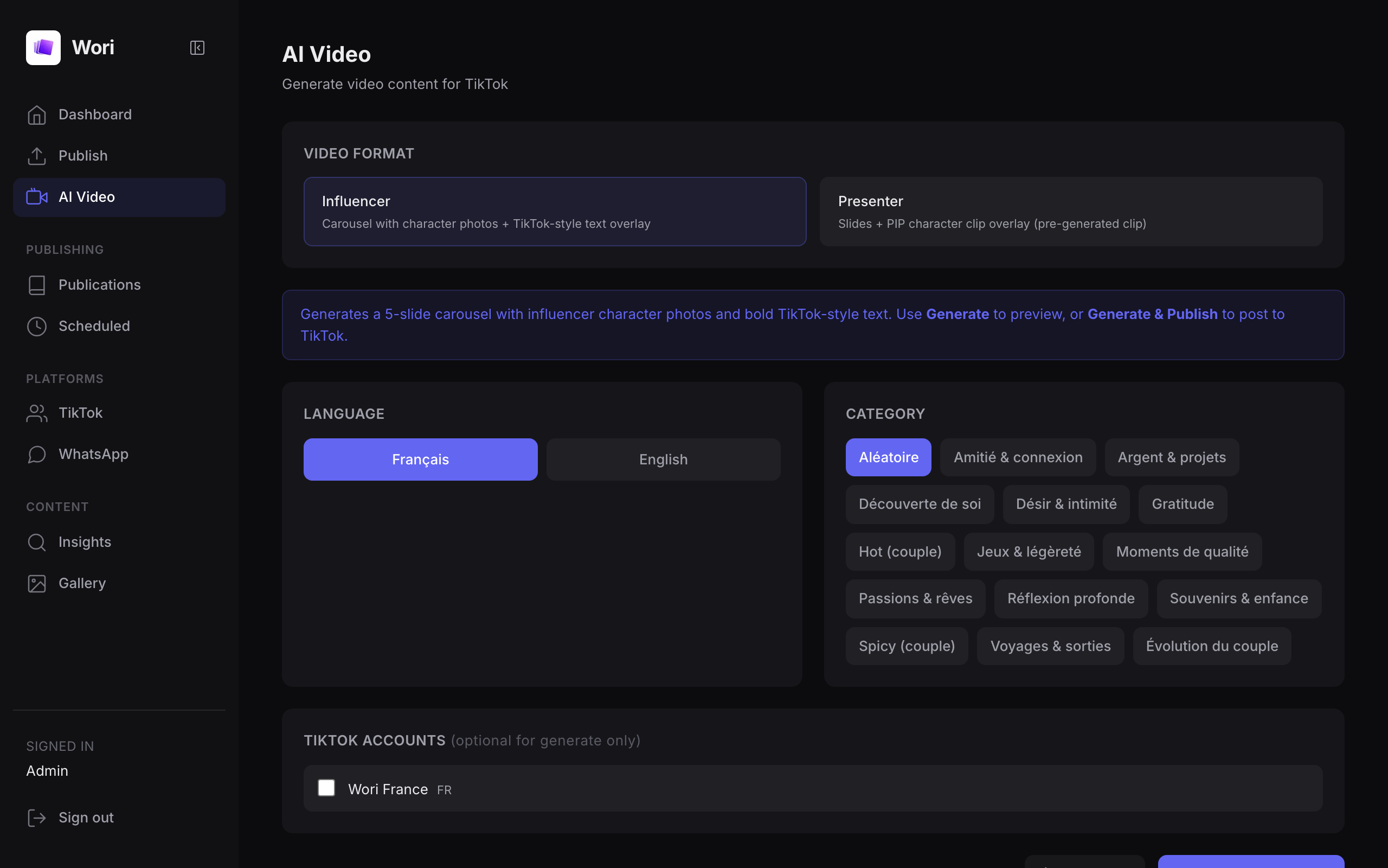 Wori Carousel - Génération vidéo IA